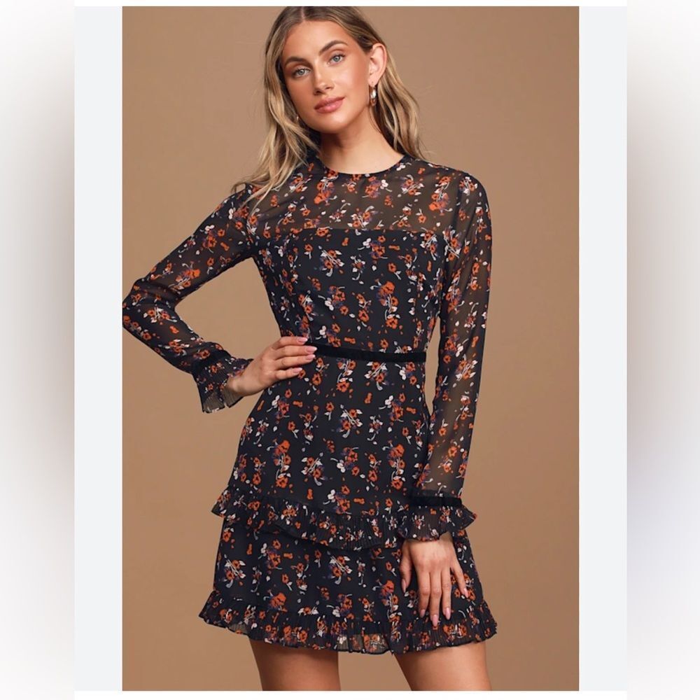 Lulus Floral to See Black Floral Print Long Sleeve Mini Dress M